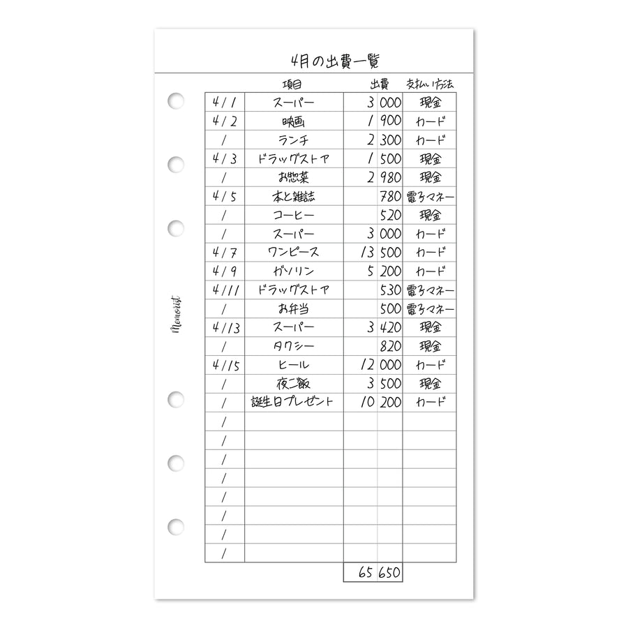 出費リスト（バイブルサイズ リフィル）