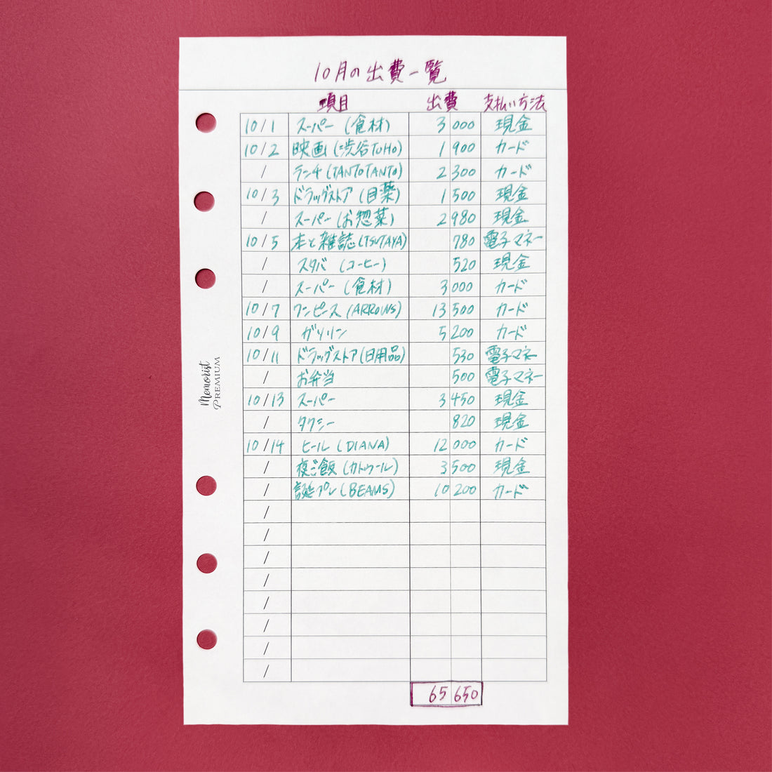 Premium Refill Expense List (Personal Size)